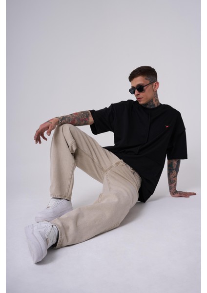 Baggy Relaxed Jean Efektli Pantolon Beıge