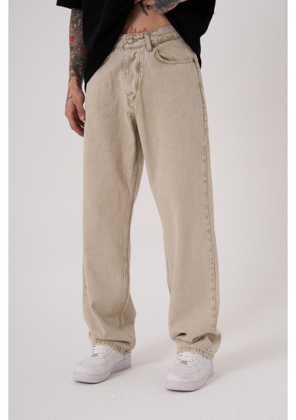 Baggy Relaxed Jean Efektli Pantolon Beıge modelleri