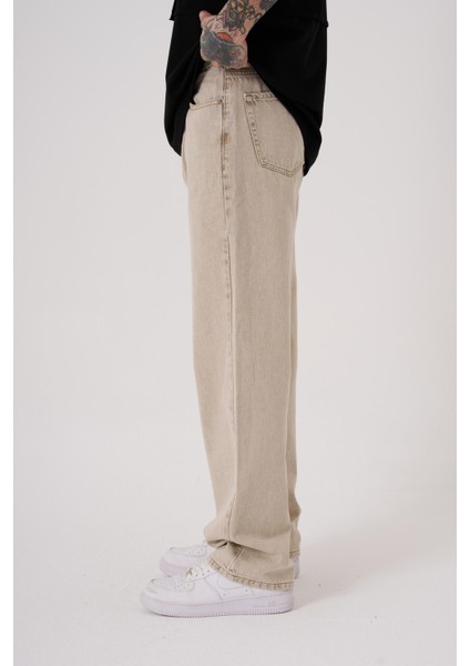 Baggy Relaxed Jean Efektli Pantolon Beıge fırsatları