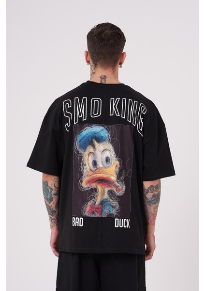 Erkek Bad Duck Baskılı Oversize Siyah Tişört