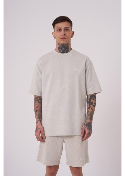 Erkek Luxury Yıkamalı Basic Relaxed Açık Bej Spotted Tişört