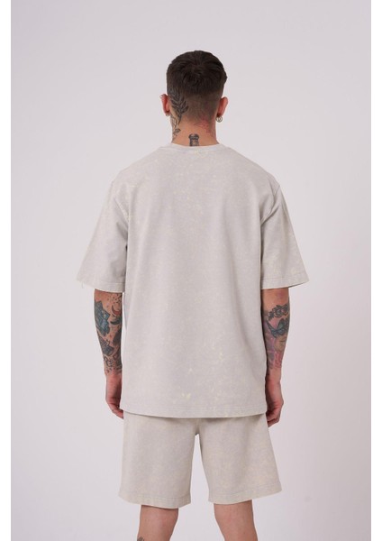 Erkek Luxury Yıkamalı Basic Relaxed Açık Bej Spotted Tişört
