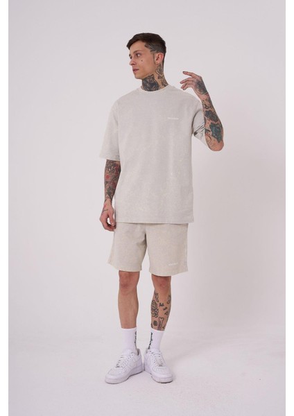 Erkek Luxury Yıkamalı Basic Relaxed Açık Bej Spotted Tişört