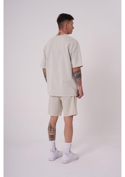 Erkek Luxury Yıkamalı Basic Relaxed Açık Bej Spotted Tişört