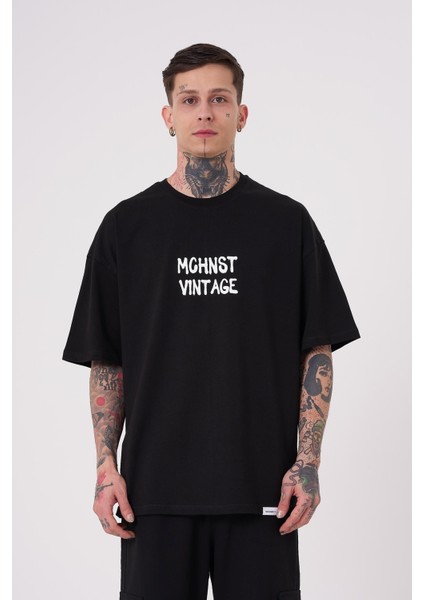 Erkek Vintage Memories Baskılı Oversize Siyah Tişört