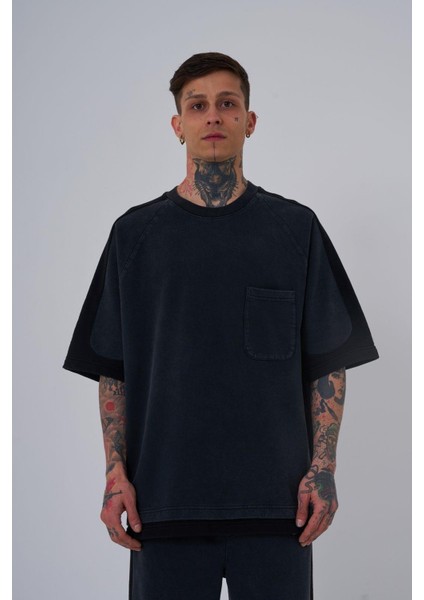Erkek Contrast Yıkamalı Oversize Asphalt Tişört