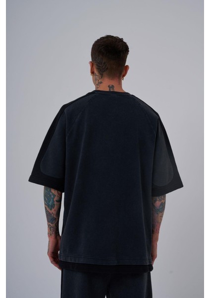 Erkek Contrast Yıkamalı Oversize Asphalt Tişört
