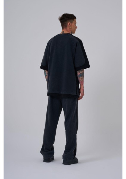 Erkek Contrast Yıkamalı Oversize Asphalt Tişört
