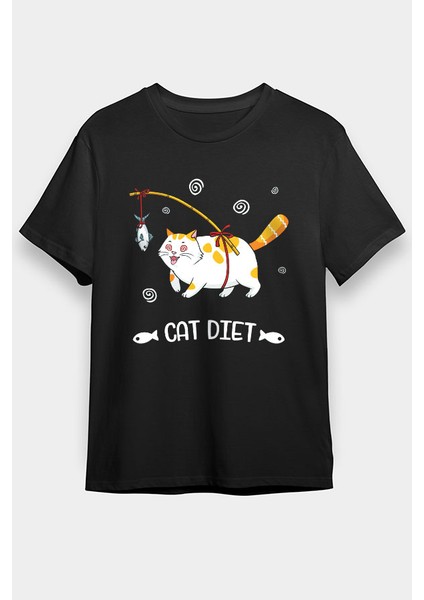 Diyet Yapan Kedi Siyah Unisex Tişört T-Shirt