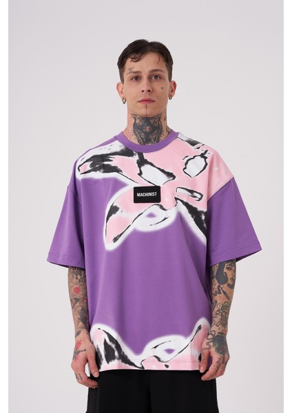 Erkek Lotus Flower Baskılı Oversize Mor Tişört