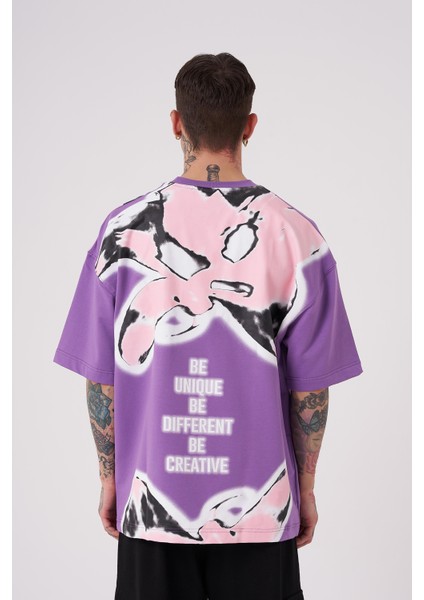Erkek Lotus Flower Baskılı Oversize Mor Tişört