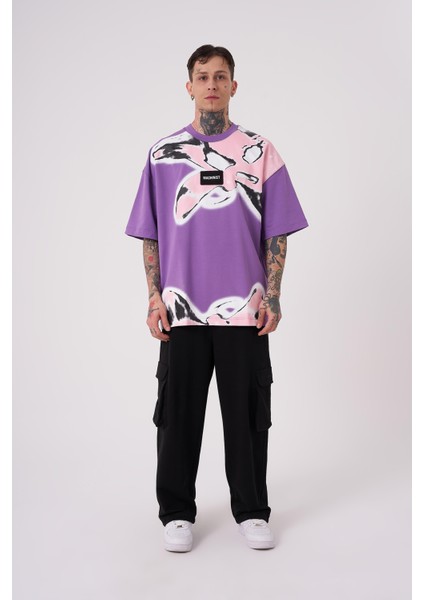 Erkek Lotus Flower Baskılı Oversize Mor Tişört