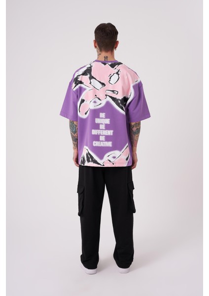 Erkek Lotus Flower Baskılı Oversize Mor Tişört