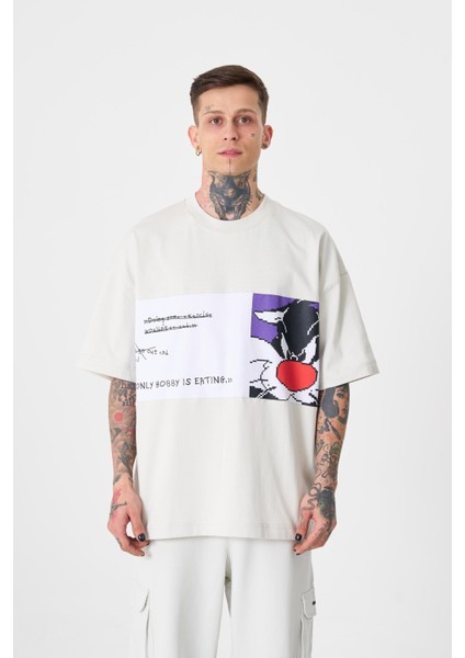 Erkek Sylvester Baskılı Oversize Gri Tişört