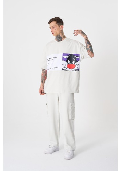 Erkek Sylvester Baskılı Oversize Gri Tişört