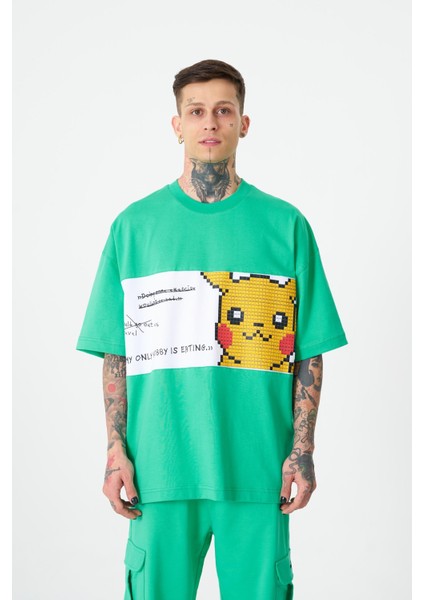 Erkek Pikachu Baskılı Oversize Açık Yeşil Tişört