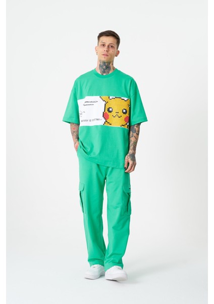 Erkek Pikachu Baskılı Oversize Açık Yeşil Tişört