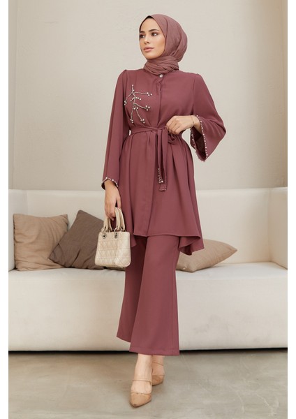 Luna Taş Işlemeli Takım - Gül Kurusu