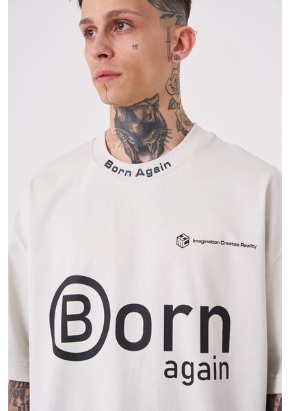 Erkek Imagination Creates Baskılı Oversize Gri Tişört
