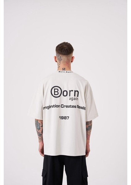 Erkek Imagination Creates Baskılı Oversize Gri Tişört