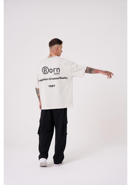 Erkek Imagination Creates Baskılı Oversize Gri Tişört
