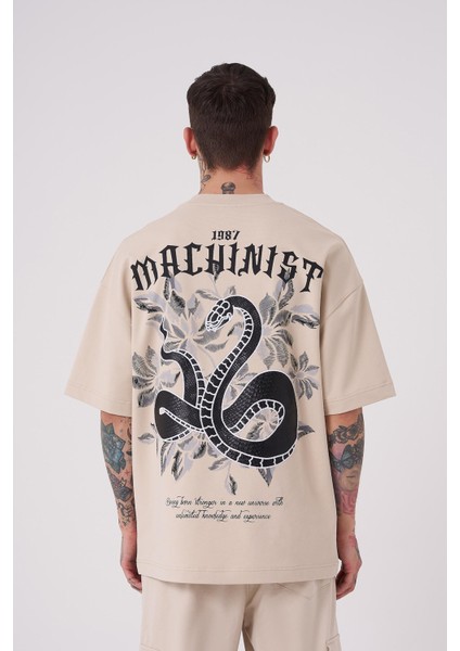 Erkek Snake Aplique Baskılı Oversize Açık Bej Tişört