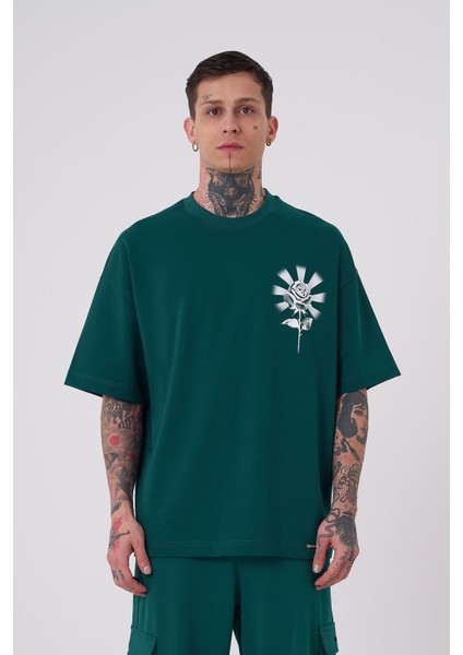 Erkek Rose Baskılı Oversize Petrol Yeşili Tişört