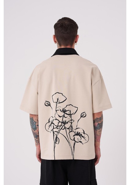Erkek Flowers Baskılı Polo Yaka Açık Bej Tişört