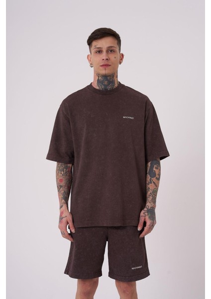 Erkek Luxury Yıkamalı Basic Relaxed Kahverengi Cloudy Tişört