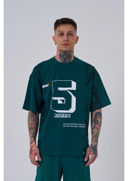 Erkek Number 5 Baskılı Oversize Petrol Yeşili Tişört