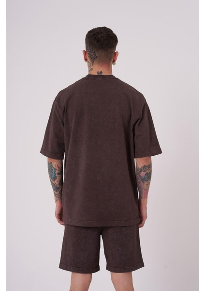 Erkek Luxury Yıkamalı Basic Relaxed Kahverengi Cloudy Tişört
