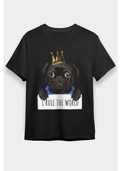 Kral Siyah Pug Köpek Siyah Unisex Tişört T-Shirt