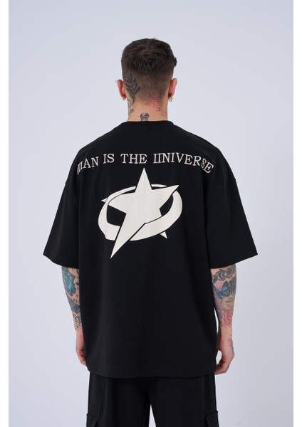 Erkek Ripped Technical Nakışlı Oversize Siyah Tişört