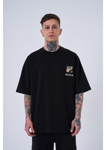 Erkek Ripped Technical Nakışlı Oversize Siyah Tişört