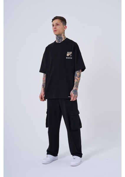Erkek Ripped Technical Nakışlı Oversize Siyah Tişört