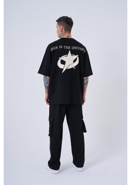 Erkek Ripped Technical Nakışlı Oversize Siyah Tişört