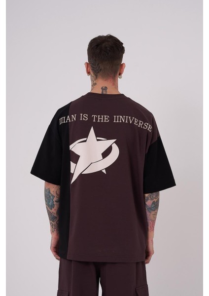 Erkek Ripped Technical Nakışlı Oversize Kahverengi Tişört