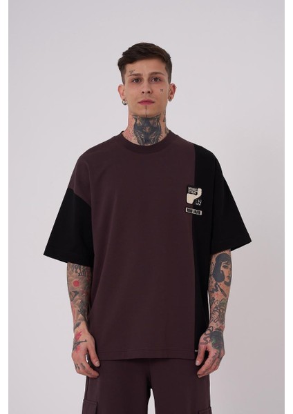 Erkek Ripped Technical Nakışlı Oversize Kahverengi Tişört