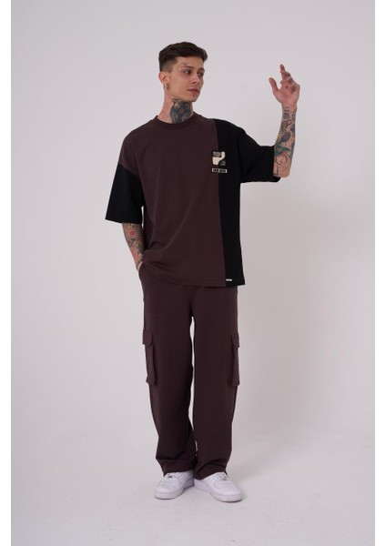 Erkek Ripped Technical Nakışlı Oversize Kahverengi Tişört