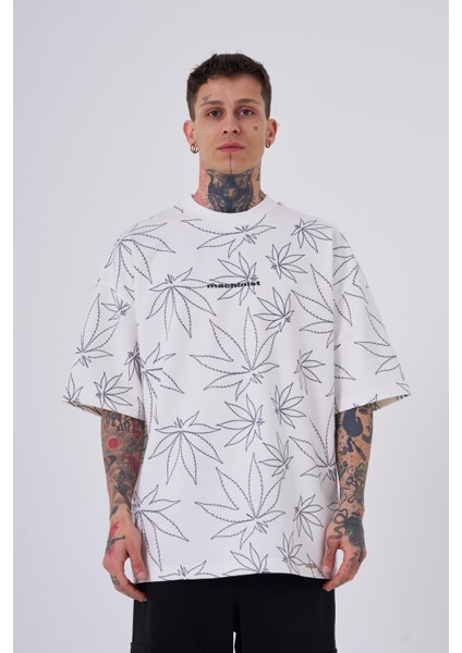 Erkek Cannabis Leaf Baskılı Oversize Ekru Tişört