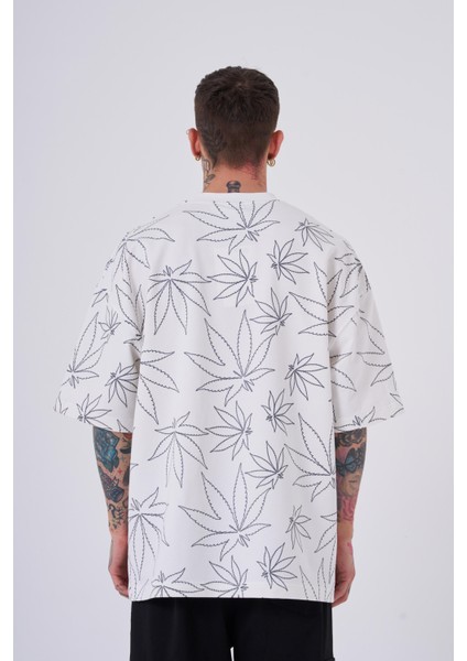 Erkek Cannabis Leaf Baskılı Oversize Ekru Tişört