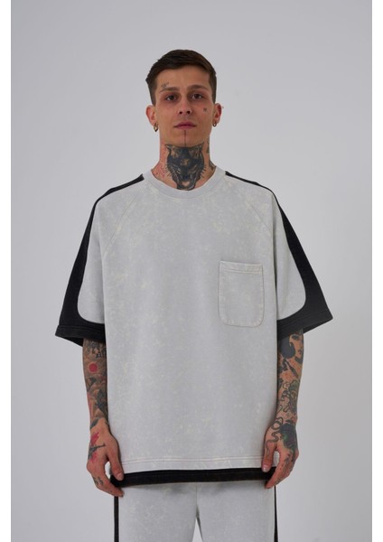 Erkek Contrast Yıkamalı Oversize Gri Spotted Tişört