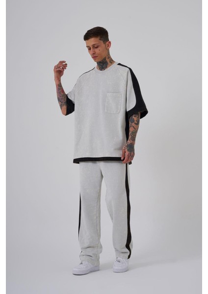 Erkek Contrast Yıkamalı Oversize Gri Spotted Tişört modelleri