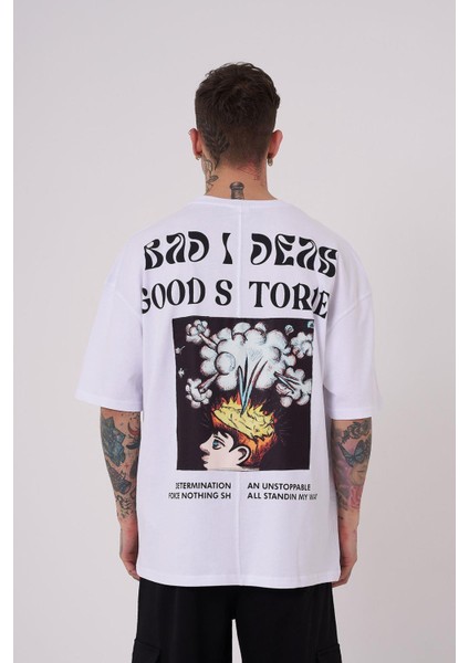 Erkek Good Stories Baskılı Oversize Beyaz Tişört