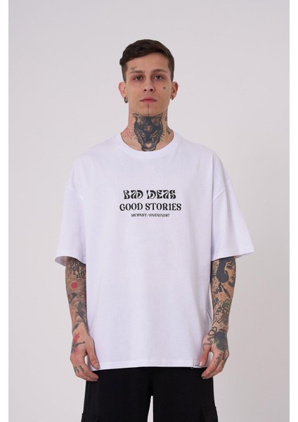 Erkek Good Stories Baskılı Oversize Beyaz Tişört