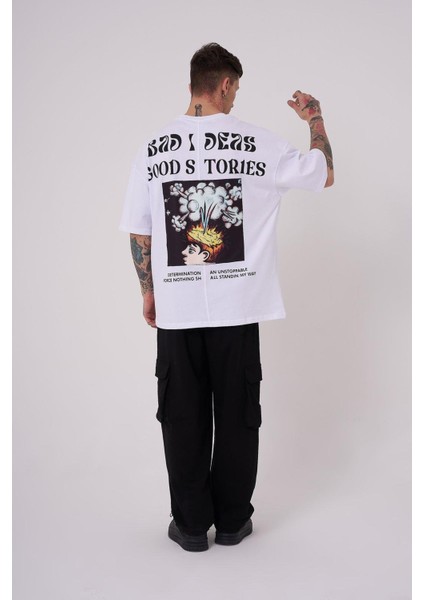 Erkek Good Stories Baskılı Oversize Beyaz Tişört