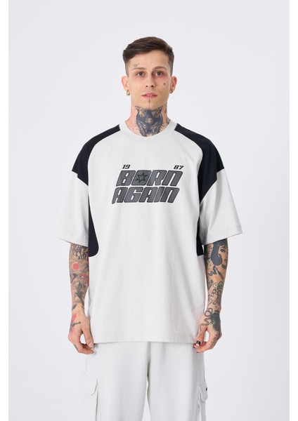 Erkek Contrast Shoulder Detail Baskılı Oversize Gri Tişört