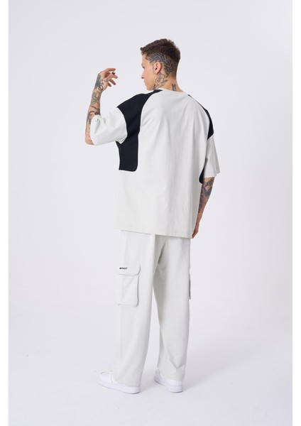 Erkek Contrast Shoulder Detail Baskılı Oversize Gri Tişört