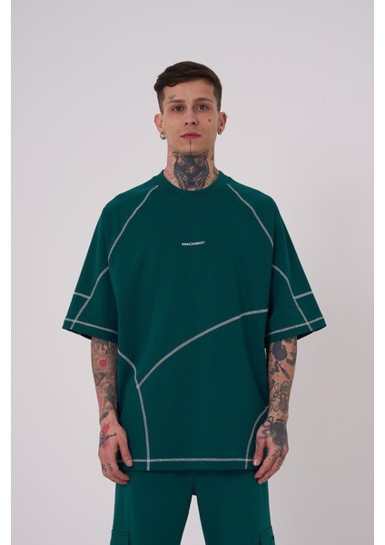 Erkek Stradie Dikiş Detay Oversize Petrol Yeşili Tişört