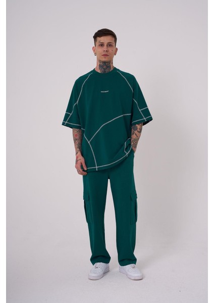 Erkek Stradie Dikiş Detay Oversize Petrol Yeşili Tişört